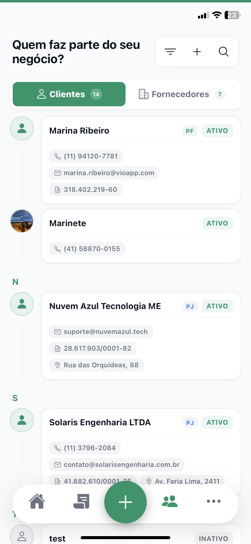 Tela de contatos no VIO