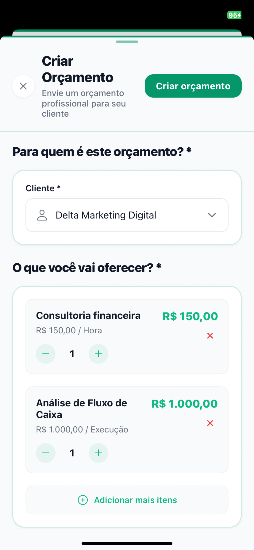 Tela de orçamento no VIO
