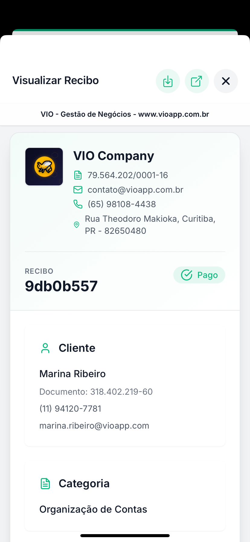 Tela de recibo no VIO