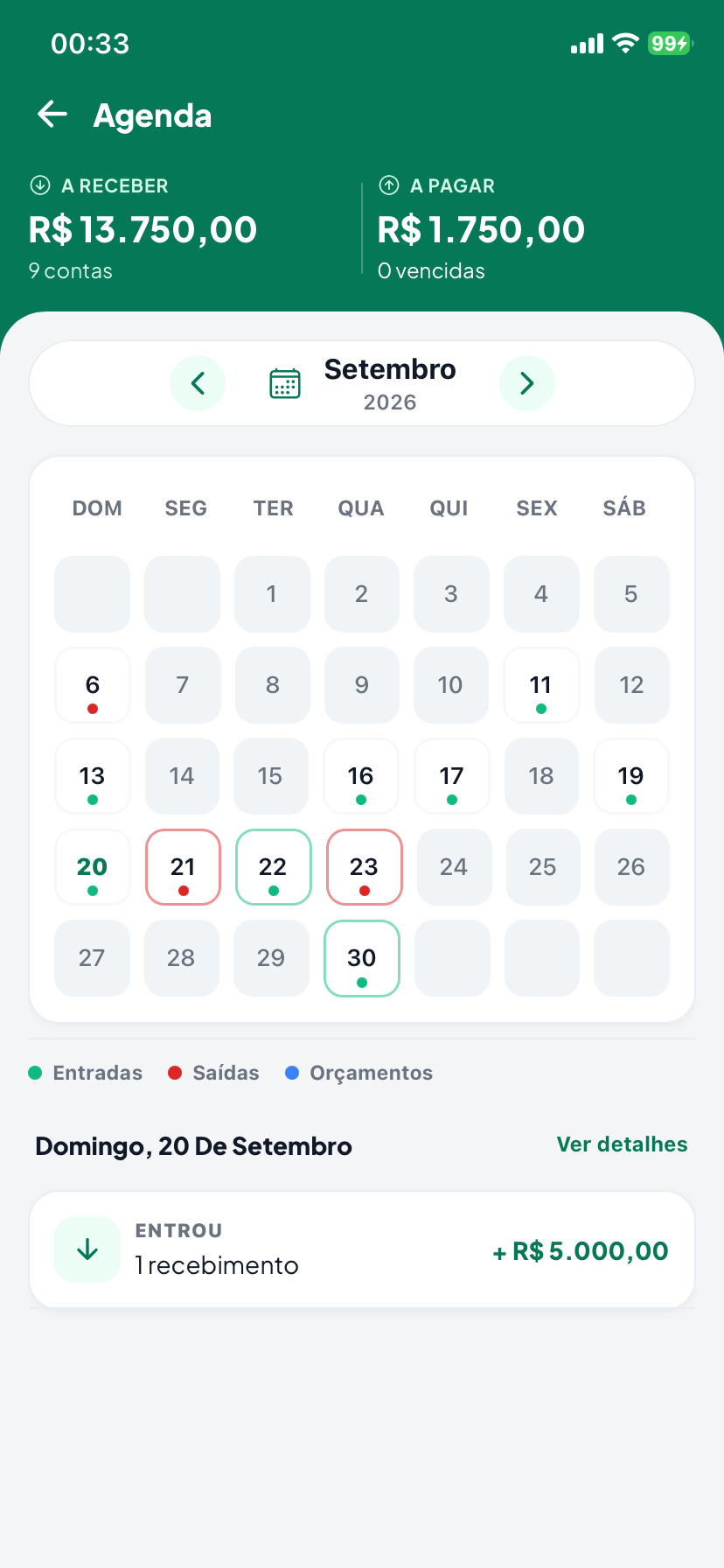Agenda do mês com entradas, saídas e orçamentos marcados por dia