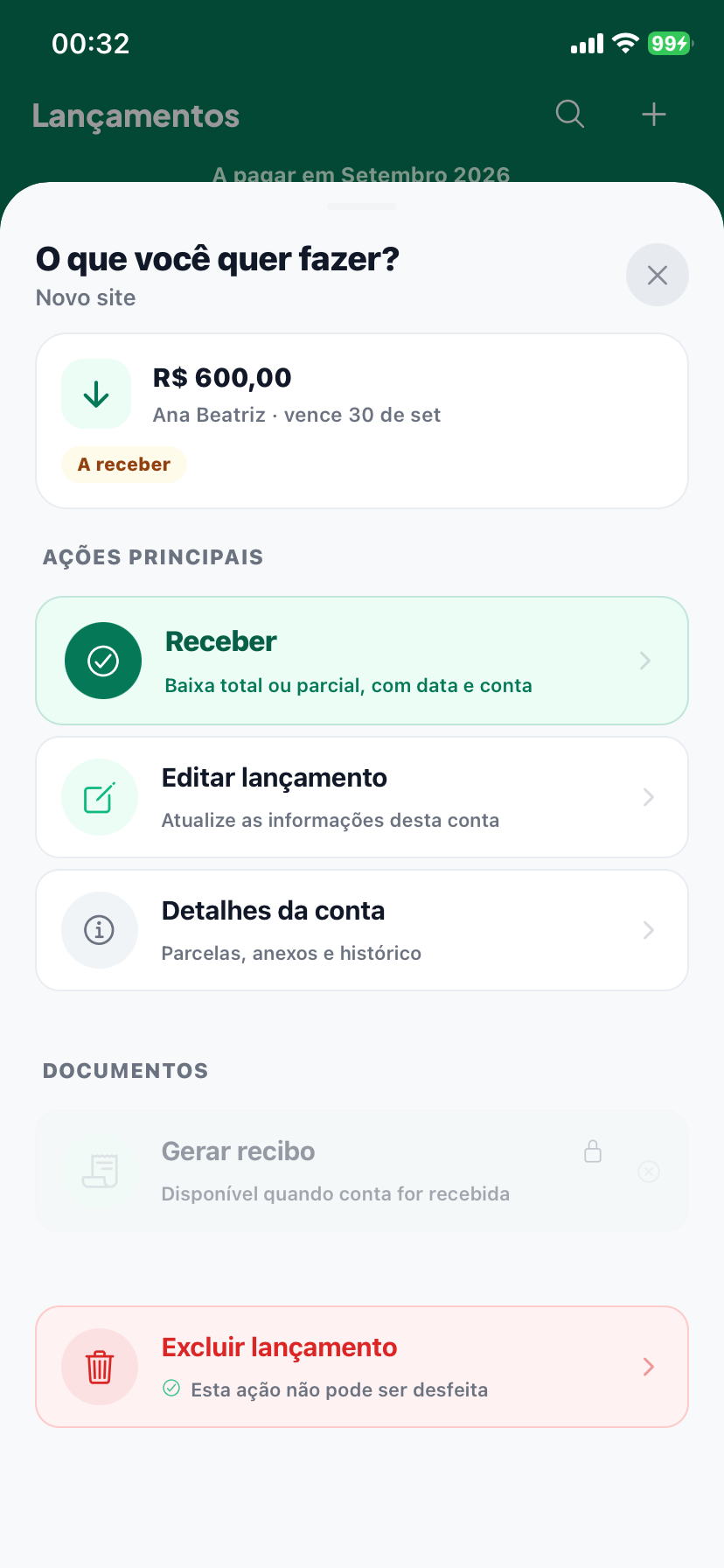 Opções de uma conta: dar baixa total ou parcial, editar, ver parcelas e gerar recibo
