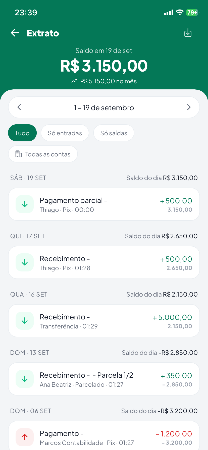 Extrato do VIO com todas as movimentações do mês organizadas por data