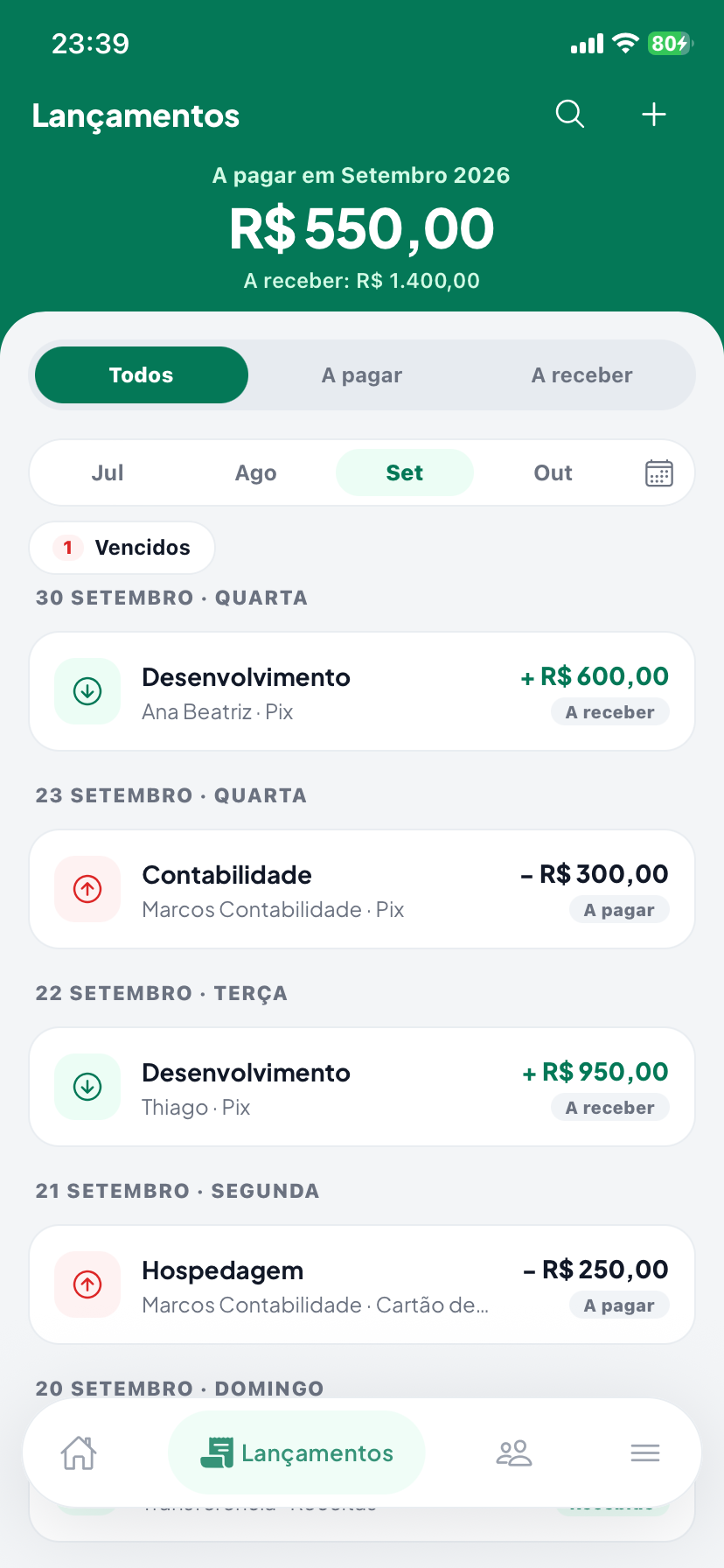 Lista de contas a pagar e a receber do mês, com os vencimentos em destaque
